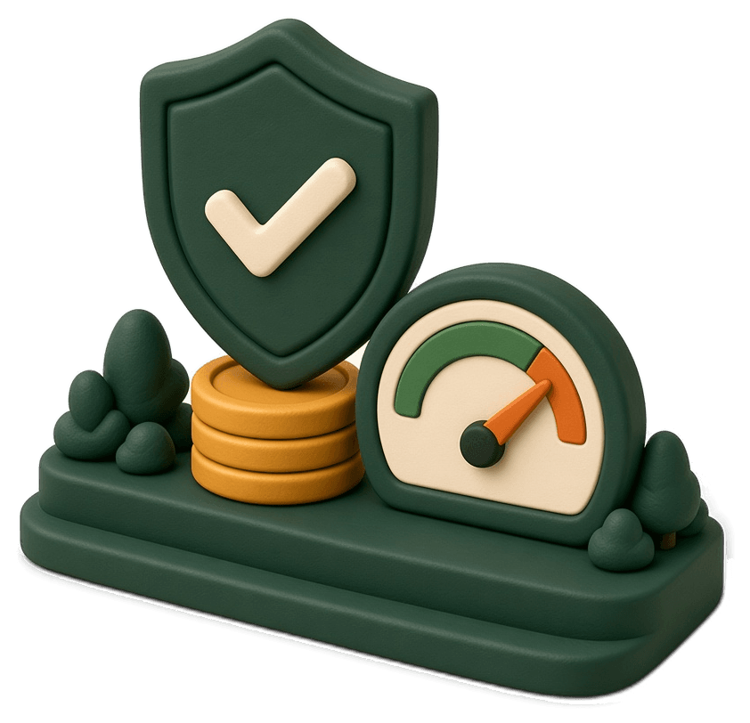 Clay shield with a check mark, gold coins and a gauge.
