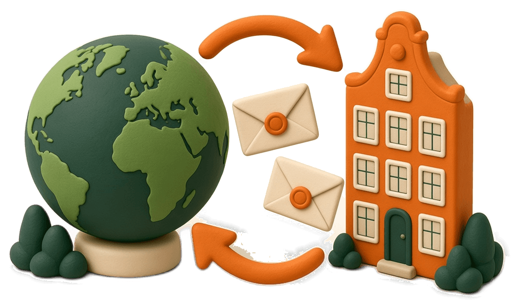 Clay globe and an orange canal house, with envelopes and arrows between them.