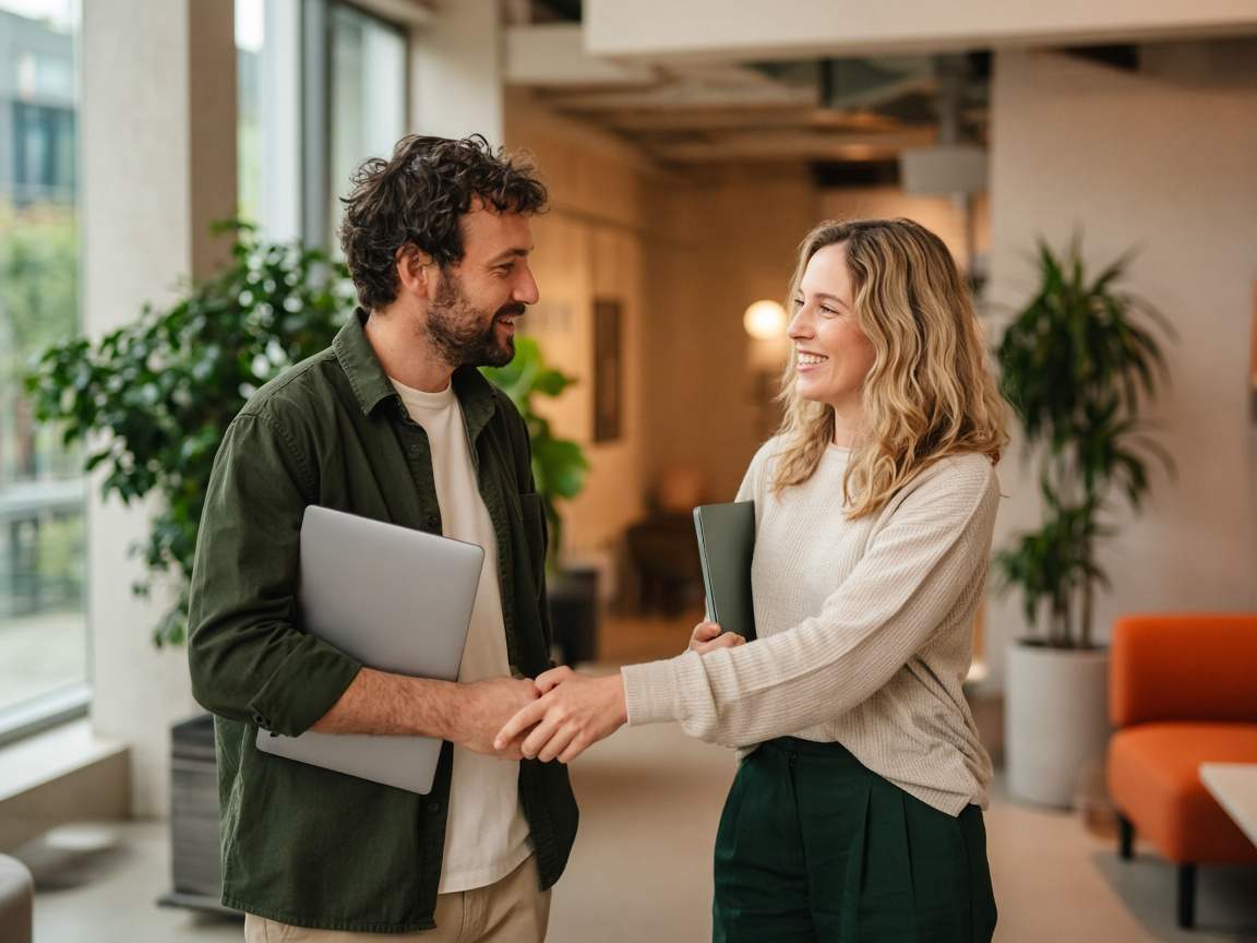 Two people shaking hands in an office, each holding a laptop.