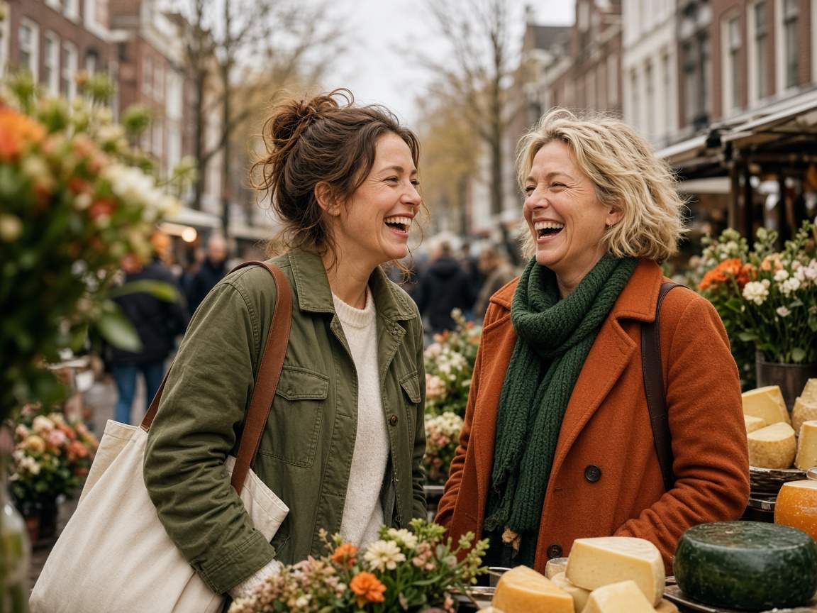 Two women laughing beside cheese and flowers at a street market.