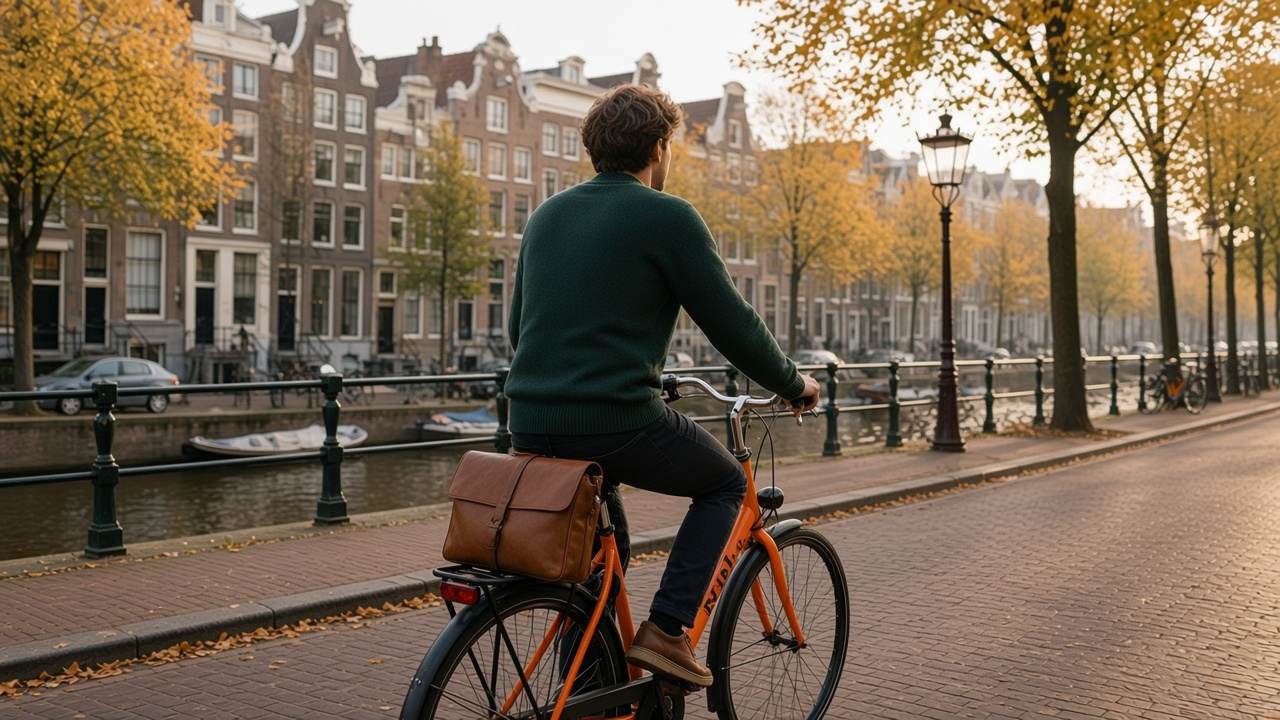 A person cycling away along an autumn Amsterdam canal, seen from behind.