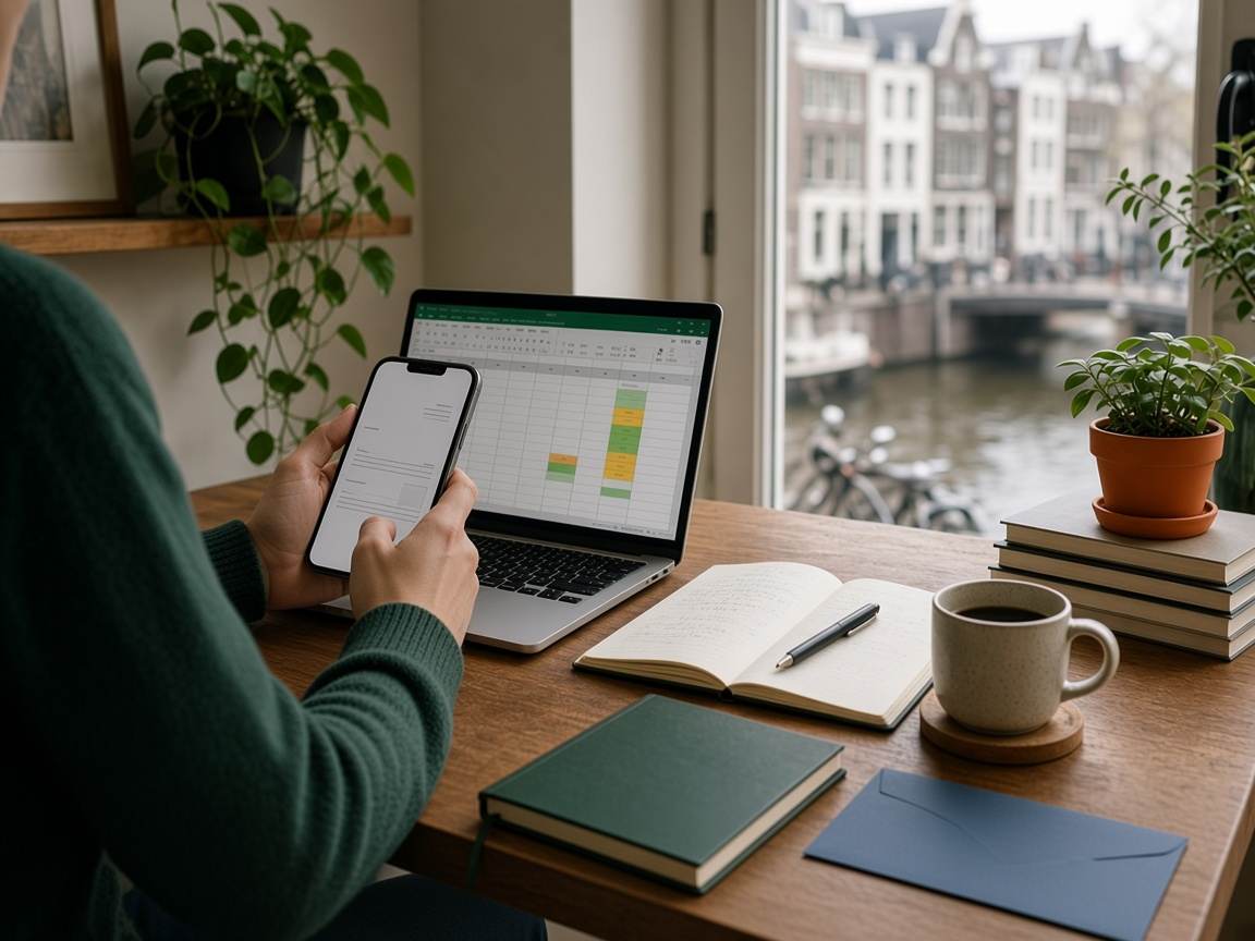 Hands holding a phone with a document, next to a laptop spreadsheet, at a desk by a canal.